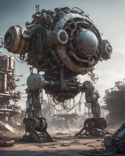 Futuristic mechanical design made with engine parts and wires dysoptia cyberage HAWKEN postapocalyptic dysoptia scene photorealistic uhd 8k VRAY highly detailed HDR