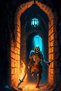 A frightening castle dungeon hallway with a skeleton warrior in rusty chainmail holding a burning torch painterly rpg art