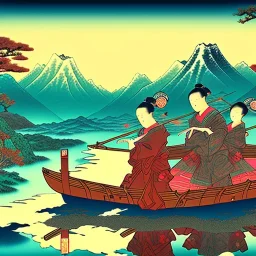 Ukiyo-e styled art, stream, mountain, sun, family on a boat