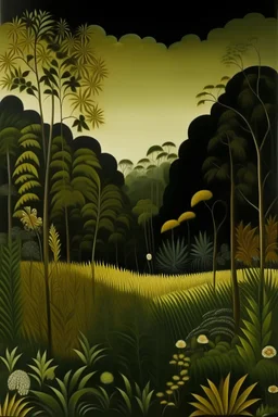 A dark gold rainforest near a field painted by Henri Rousseau