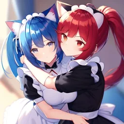 Clear Focus, High resolution, wearing a maid uniform, fluffy hair and a long ponytail, blue hair, cat ears, meowing, hugging another girl with red long fluffy hair also wearing a maid outfit, looking at you