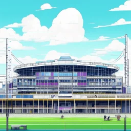 A bright pixel art cyberpunk-style illustration of the fulham stadium the cottagers west london white