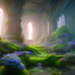 fantasy concept art, dynamic lighting, Intricately detailed, Splash screen art, deep color, Unreal Engine, volumetric lighting, blue flowers, Fantasy library artwork, moss, leather, library artwork, water,