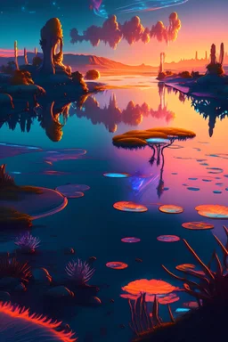 An otherworldly landscape featuring a vast, crystal-clear lake reflecting the vibrant colors of an alien sunset, surrounded by towering, bioluminescent plants.