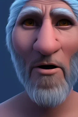 3D render of a very big close at the face of cyberpunk tribal old man, gray hair and goatee, on a dark blue background, digital art