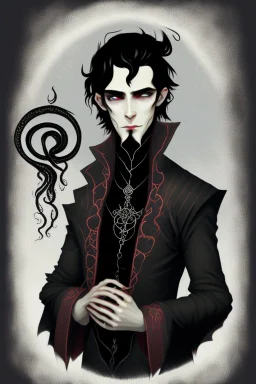 black haired young man necromancer wizard with gothic jewelry and tentacle fingers in the style of Fyodor Pavlov