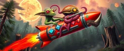 hairy macho gremlin octopus lizard alien living in a hi tech marvellous hot dog art graphics and gems on rocket with a mounted sling shot mega harpoon, heading for venus , background motion blur and smoke swirls, and cheeky slug rhino through giant forest with thick tree stumps