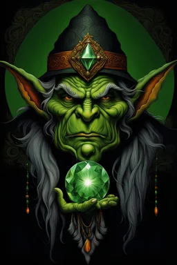 Portrait of a larger than life, mountainous goblin sorcerer, with a giant gem on his forehead, wrinkled green and grey skin, in the style of Artwork by Albert Lynch, sinking deep into bittersweet melancholia, dark angry eyes, 70s psychedelic drawings, alex grey, sense of awe, pale skin, night, dark twisted fantasy, macabre fine art