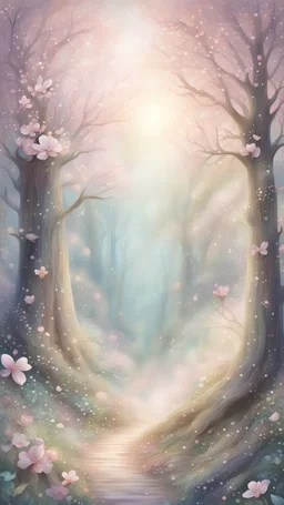 shimmering forest fairy tale, blossom flower, pastel