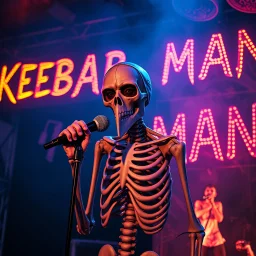 a very thin swedish man (near skeleton), with a plague mask with only a hole for the mouth (no eyes), he is called "KEBAB MAN" performing at death metal club, his name is "KEBAB MAN" kebab rolls On stage, kebab Neon lights and smog, and "KEBAB MAN" big sign on the wall, kebab tribal tattooes, spinning kebab machines, flames and smoke, chaos, he singing with mic,
