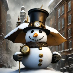 Surreal steampunk snowman mayor; snowman wearing a distressed leather top hat, brass googles resting, tin can pipe snugly fit in the corner of its mouth, steampunk mechanical arm holding an ornate umbrella, towering over a winter wonderland adorned with intricate steampunk enhancements, juxtaposed with traditional Victorian snow-capped townhouses, brass gear clock perched on a corner building, all drawn with excruciating absurd abundance of delicate detail, by Moebius.