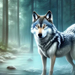 wolf, water, blue, forest, masterpiece, expert, 8K, hyperrealism, sharp focus, cinematic lighting