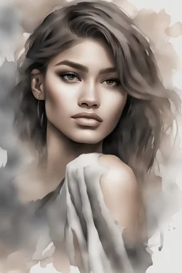 A full body picture of a beautiful 25-year-old Zendaya, Brown Iris, Graphite, and Watercolor Styles Merged, face, and eyes gleaming with myriad emotions, tales, and secrets. The complexion is not just skin deep but a canvas of memories, experiences, and feelings, painted vividly with bright splashes of dark colors that seem to emerge and meld, representing the myriad facets of one's identity, Vulnerabilities, and Emotions Theme, Jennifer Lopez & Denise Richards & Katrina Law, Surreal diamonds Ba