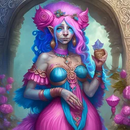 Cassavara - The Goddess of Change, Luck and Fortune, Patron of Halflings and Gnomes Lady Luck, pink dress, blue hair