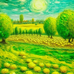 A yellowish lime green land with jelly filled donuts painted by Vincent van Gogh