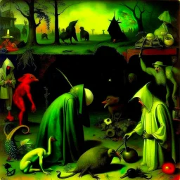 some mysterious figures, odd background, cinematic, Hieronymus Bosch, Max Ernst, vegetal life, rotten, ambient light, cry, ritual, surreal, animals