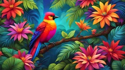 A vibrant, exotic bird perched on a branch in a lush, tropical rainforest, surrounded by vividly colored flowers and foliage. The style is digital art by Elara Mivon, characterized by rich, saturated colors and a slightly surreal, dreamlike quality, enhancing the natural beauty and mystery of the scene. The bird's feathers are a kaleidoscope of colors, shimmering in the dappled sunlight filtering through the canopy above, creating an image that is both captivating and mesmerizing.