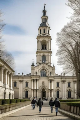 neoclassical church with steeple with people walking out of it
