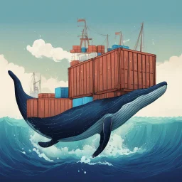 A whale with shipping containers on its back ,in the ocean. Digital Art, Digital Drawing