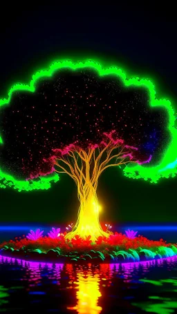 created an image of a lotus tree, hyperrealistic, ultra HD, in 8K, The tree is rare and extraña, no one sees what you see in the tree, Tiene rare colors that mix fluorescence and bioluminescence, in all the paleta of colors, its extra colors, its tall filaments of pilosos that parecen cobrar vida. The tree creates an extraterrestrial forest, illuminated by a warm ray of light. Destaca the extraterrestrial environment and the hojas de la hierba.Style: Hi