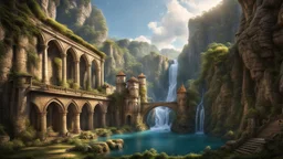 a medieval city at the foot of a waterfall at the end of a steep, narrow, 3.000 feet tall ravine. a masterpiece, fantasy concept art, dynamic lighting, hyperdetailed, intricately detailed, deep color, Unreal Engine, volumetric lighting, Epic cinematic brilliant stunning intricate meticulously detailed dramatic atmospheric maximalist digital matte painting