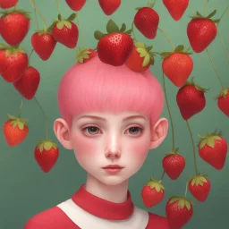 a real world anthropomorphic strawberry human with pixie-cut hair,