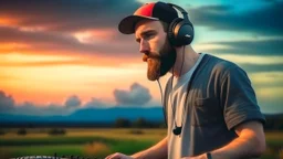 short beard man with cap, DJ play records, color sky background,landscape background