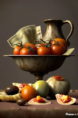 Ravioli by renaissance style still life oil painting, dish, natural tomato, albahaca, olives, olive oil, moisture, art, natural, ornaments, chef, high kitchen, smooth, gradient color background, unreal engine 5, ray tracing, RTX, lumen lighting, ultra detail, volumetric lighting, 3d.