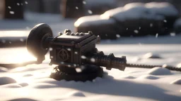 Photoreal magnificent warhammer looking like mjolnir but pulsing with radiant light lying in the snow, in the style of fantasy movies, shot on Hasselblad h6d-400c, zeiss prime lens, bokeh like f/0.8, tilt-shift lens 8k, high detail, smooth render, unreal engine 5, cinema 4d, HDR, dust effect, vivid colors