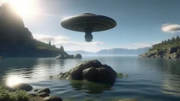 aerie made of rock reaching hundreds of feet into the sky, in a lake, with a flying saucer overhead