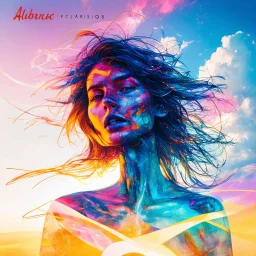 piece of album art with a women fusion with light, abstract experimental style album cover, smooth colors, high level of noise and subtle texture, psychedelic cover, sky, light and clouds.