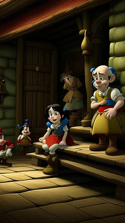 Snow White soon learns that the cottage is the home of seven dwarfs named Doc, Grumpy,who work in a nearby mine. Returning home, they are alarmed to find their cottage clean and suspect that an intruder has invaded their home