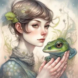 Whimsical and realistic ink, charcoal, markers, and oil painting, Impressionist style, realistic textures, minimalist approach, portrait of a young woman with a pixie cut hairstyle, holding a frog, ith delicate highlights, soft and dreamy background, pastel shades, fantastical ambiance, detailed and intricate linework, fine art quality, intricate patterns, enchanting atmosphere, ethereal lighting, by a blend of Van Gogh and Mary Cassatt, Artstation. Modifiers: bokeh Nikon D850 highly detailed di