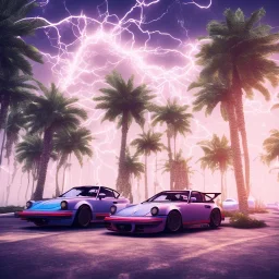 1980's aesthetic vaporwave palm trees and spheres and Porsche with lightning