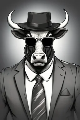 Big, wild, muscular bull in hat , tie and sunglasses