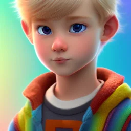 front close up view of cute little blond boy, blue eyes with pixar style, background rainbow