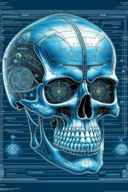 An Andy Warhol style illustration of a set of schematics for a cyborg skull, digital illustration, extreme detail, digital art, 4k, ultra hd, graphite pencil drawing, realistic, fine art, vray, 3d mandelbulber, octane 3d, digital painting, realistic and natural, cosmic sky, detailed full-color, hd photography, realistic surrealism, elements by dr. frankenstein detailed, gloss, hyperrealism, random neon wiring dayglo effects,and background color, industrial background, as a poster with more neon