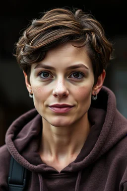 A portrait of a young attractive mature woman, short coiled brown hair, freckled skin, dark brown eyes, wearing hoodie