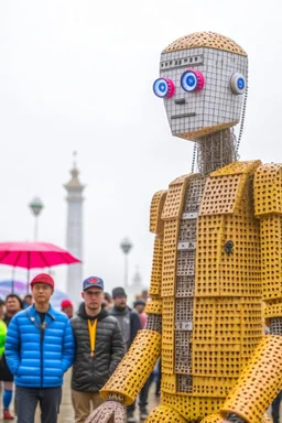 little people looking at dancin to giant robotvitalik buterin at burning man festival in the rain