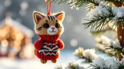 cute chibi mohair needle felt cat shaped hanging Xmas tree ornament wearing red knitted pullover with zebra pattern in sunshine, snowcapped xmas tree