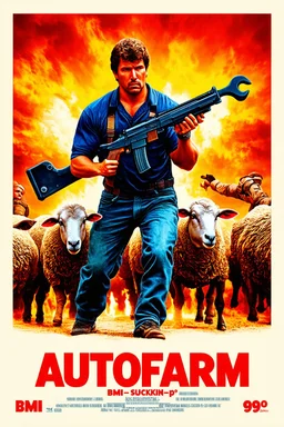 "Design a 90s-style action movie poster titled 'AUTOfarm.' Feature a heroic mechanic in the foreground, fiercely battling thousands of adversaries with a spanner. In the background, include a determined sheep wielding a machine gun. Capture the high-energy, gritty aesthetic of classic 90s action films, with intense and dynamic elements. Prominently display the subtitle 'BMI - BMI Suckin-p-p' in bold, impactful lettering."