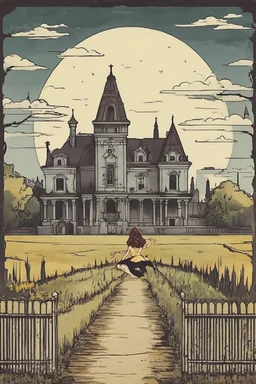 Woman looking like a modern day witch with flowing clothes with a city behind her