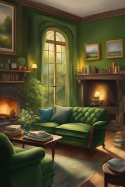 a drawing of a living room with a green couch, cozy home background, thomas kinkade. cute cozy room, cozy living room background, alchemist library background, pleasant cozy atmosphere, painting of a room, cute room, cozy atmosphere, personal room background, photorealistic room, reading nook, warm interiors, cozy wallpaper, warm living room, a room