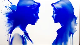 dissolving into tears: the women rear view, head bent forward, blue ink painting, , negative space