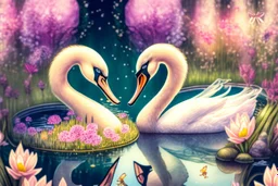 beautiful swan and cute chibi princess in a flowergarden with beautiful flowers, pond, in sunshine, H.R. Giger, anime, steampunk, surreal, watercolor and black in outlines, golden glitter, ethereal, cinematic postprocessing, bokeh, dof