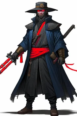 Gunslinger samurai, wearing a duster coat and mempo, with s cybernetic right arm