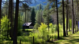 A wooded landscape taking place in Europe during summer. There is a building and a fence.