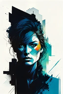 create an abstract portrait illustration of a female face with an overlay of an inner city landscape , highly detailed , in the comic art style of FRANK MILLER and BILL SIENKIEWICZ, searing lines and forceful strokes, boldly inked, with gritty textures, vibrant colors, dramatic otherworldly lighting, highly detailed facial features, 8k