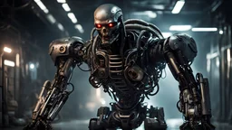 a portrait of an evil combat terminator robot. photorealistic. lots of greebling; little hoses, lights, and weapon systems. terminator, meets predator, meets alien, meets the matrix. the lighting should be dark. like it's approaching you from a dimly lit spaceship corridor