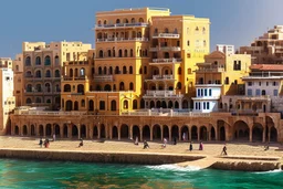 image taken of jaffa, by the sea shore, old stunning buildings, 4k, masterpice, award wining picture, realistic, higly detailed, in style of city of numemor from lord of the rings,